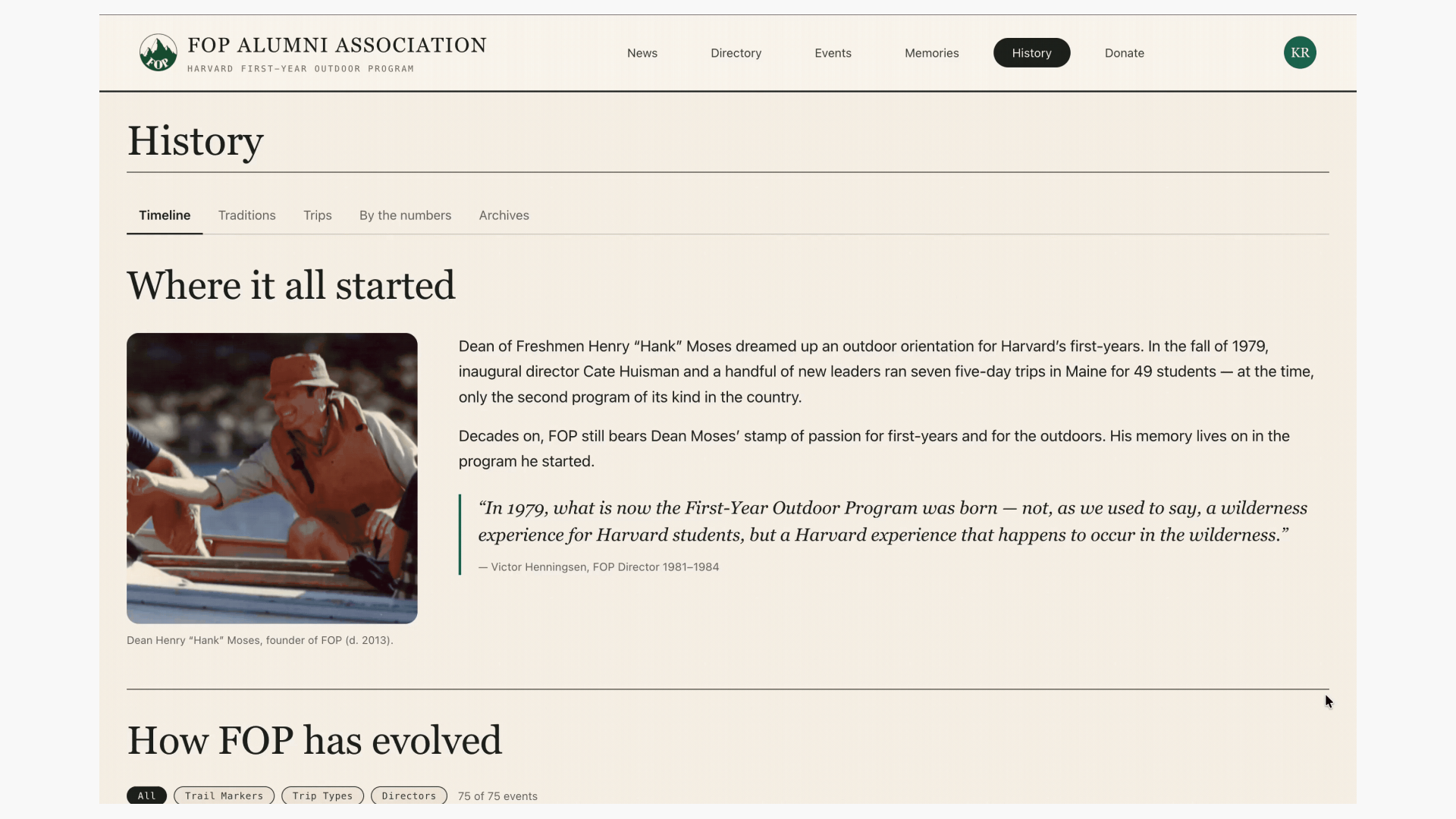 The FOP Alumni Association site, its History page in use